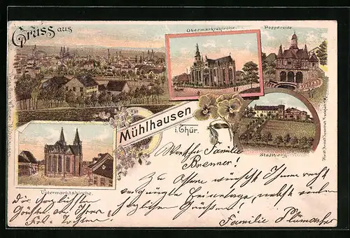 Lithographie Mühlhausen i. Thür., Ortsansicht, Obermarktskirche, Popperode, Stadtberg
