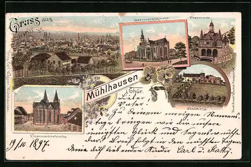 Lithographie Mühlhausen i. Thür., Totalansicht, Obermarktskirche, Untermarktskirche, Stadtberg