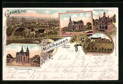 Lithographie Mühlhausen i. Thür., Ortsansicht, Untermarktskirche, Stadtberg, Popperode