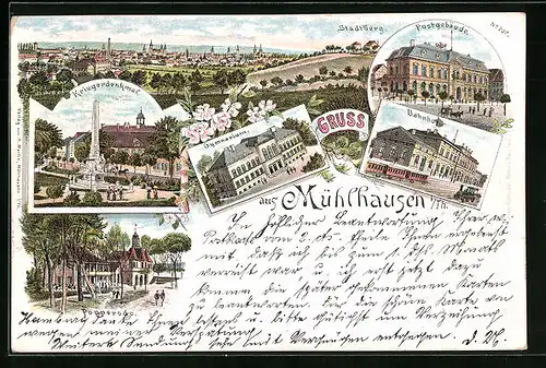 Vorläufer-Lithographie Mühlhausen i. Th., 1894, Ortsansicht, Gymnasium, Bahnhof, Postgebäude