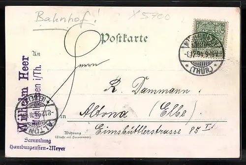 Vorläufer-Lithographie Mühlhausen i. Th., 1894, Ortsansicht, Gymnasium, Bahnhof, Postgebäude