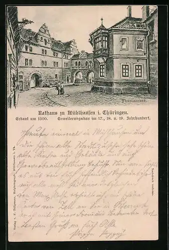 Künstler-AK Otto Thomasczek: Mühlhausen i. Th., Strassenpartie am Rathaus