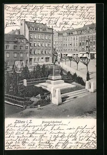 AK Löbau, Ortspartie mit Bismarckdenkmal