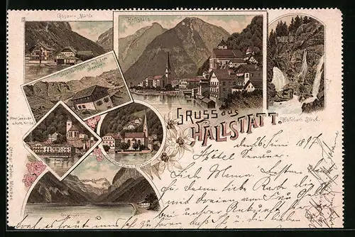 Lithographie Hallstatt, Hôtel Seeauer u. kath. Kirche, Hotel grüner Baum u. prot. Kirche