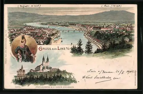 Lithographie Linz a. D., Hotel u. Pöstlingberg m. d. elektr. Steilbahn, Linzerin, Teilansicht mit Brücke