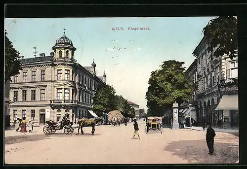 AK Wels, Ringstrasse mit Geschäft und Pferdewagen