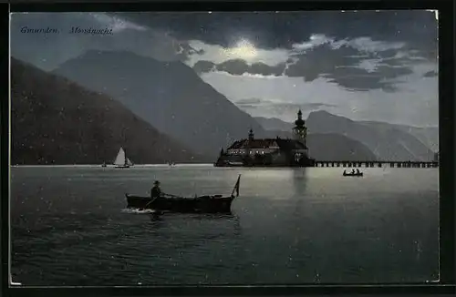 AK Gmunden, Schloss mit Boot in einer Mondnacht