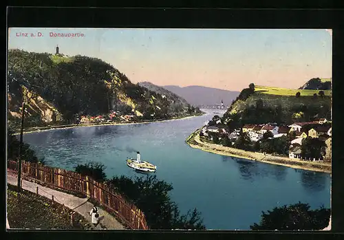 AK Linz a. D., Donaupartie mit Dampfer