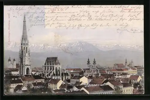 AK Linz a. D., Panorama mit Kirche