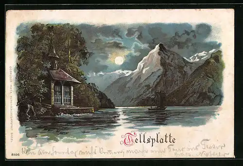 Lithographie Tellsplatte, Kapelle am See bei Vollmond