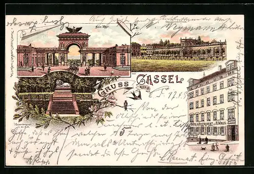 Lithographie Cassel, Hotel & Restaurant von H. Maus, Hessendenkmal, Orangerieschloss