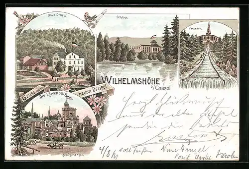 Lithographie Cassel-Wilhelmshöhe, Gasthaus zur neuen Drusel, Löwenburg