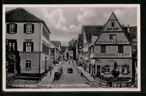 AK Güglingen, Hauptstrasse mit Rathaus und Cafe Breckle