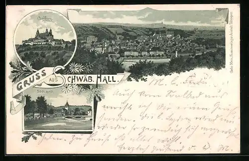 Lithographie Schwäbisch Hall, Soolbad, Comburg, Ortsansicht