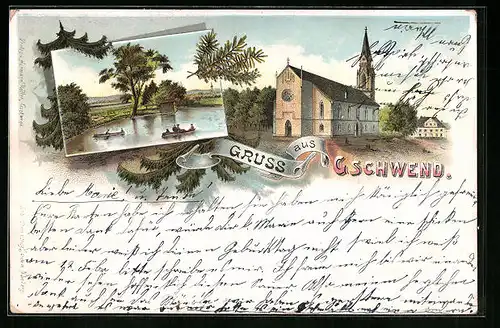Lithographie Gschwend, Kirche, Ruderboote auf dem Teich