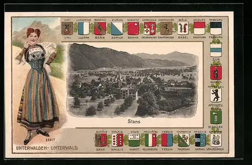 AK Stans, Ortsansicht aus der Vogelschau, Wappen der Kantone