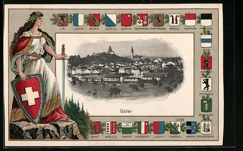 Passepartout-AK Uster, Panorama mit Kirche, Helvetia und Wappen