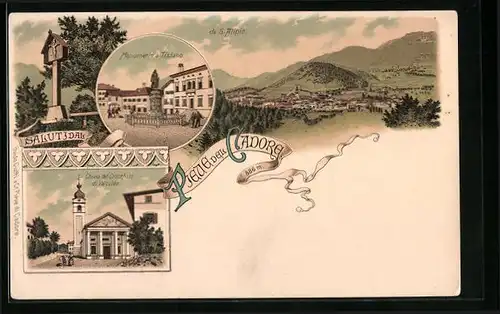 Lithographie Pieve del Cadore, Monumento a Tiziano, Chiesa del Crocefisso di Valcalda, Panorama