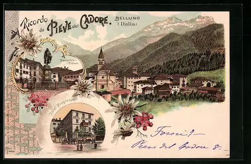 Lithographie Pieve del Cadore, Hotel Progresso, Monumento a Tiziano, Panorama