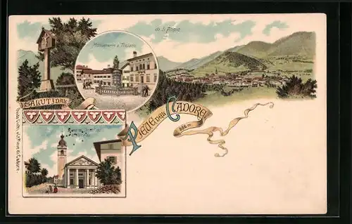 Lithographie Pieve del Cadore, Monumento a Tiziano, Chiesa del Crocefisso di Valcalda, Panorama