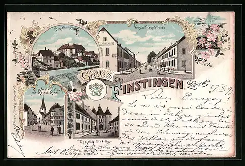 Lithographie Finstingen, Vorstadt Hauptstrasse, Altes Schloss, Altes Stadtthor