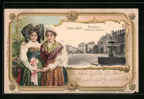 Passepartout-AK Bolchen, Marktplatz, Frauen in Trachten