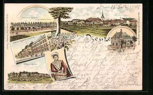 Lithographie Dieuze, Chevaulegers Kaserne, Infanterie-Kaserne, Posthaus