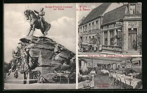 AK Wörth a. d. Sauer, Hotel zur Post, Kaiser-Friedrich-Denkmal