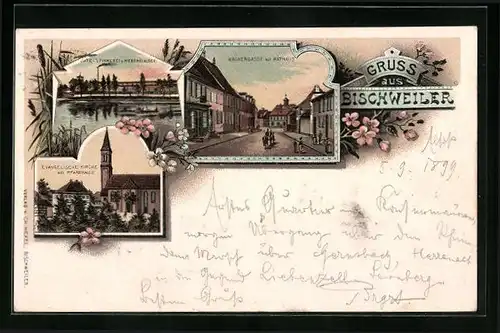 Lithographie Bischweiler, Wagnergasse mit Rathaus, Jute-Spinnerei u. Weberei, Kirche