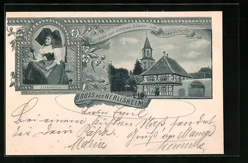 AK Herlisheim, Gasthaus zum goldenen Löwen, Elsässerin