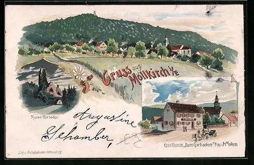 Lithographie Mollkirch, Gasthaus zum Girbaden, Ruine