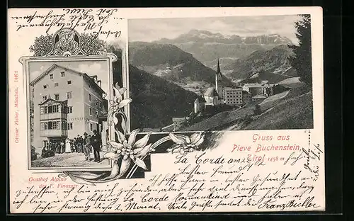 AK Buchenstein, Gasthof Alpino, Ortspartie mit Kirche