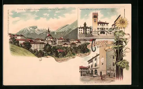 Lithographie Cadore, Café Tiziano e Munumento a Calvi, Palazzo della cumunita Cadorina, Panorama