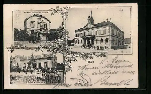 AK Illfurt, Gasthaus Alois Tresch, Gemeinde-Schulhaus, Pfarrhaus und Monument Bachelen