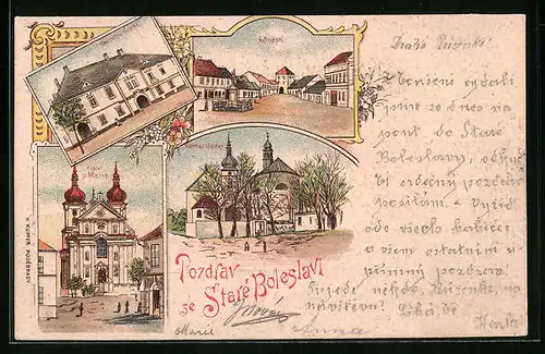 Lithographie Boleslav, Kostel p Marie, Hostinec, Kostel sz. Vaclava