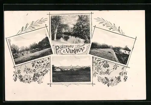 AK Vlkava, Strassenpartie am Ortseingang, Gewässer