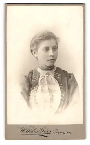 Fotografie Wilhelm Geier, Breslau, Schweidnitzerstr. 16-18, Junge Dame mit zurückgebundenem Haar