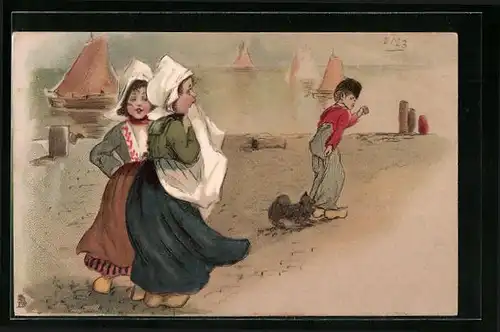 Künstler-AK Bursche mit Hund verabschiedet sich von Niederländerinnen in Trachten