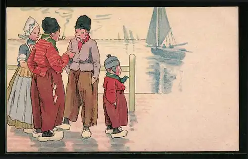 Künstler-AK Niederländische Kinder in Trachten rauchen Pfeife am Hafen