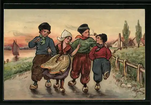 Künstler-AK Niederländische Kinder in Trachten beim Spaziergang im Abendrot