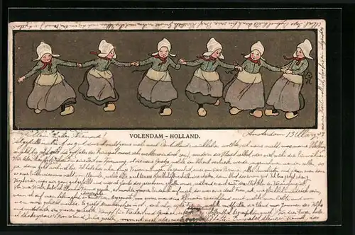 Künstler-AK Volendam, Niederländische Mädchen in Trachten mit Holzschuhen