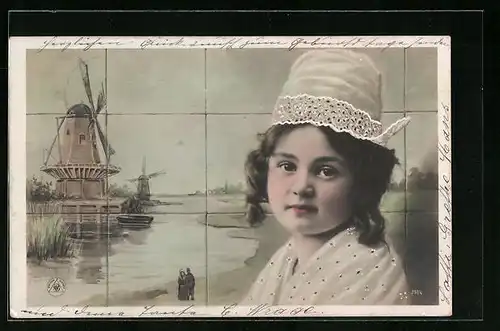 AK Kleines Mädchen in zeitgenössischer Tracht mit Windmühle