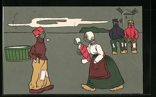 Künstler-AK Niederländer in traditionellen Trachten mit Holzschuhen