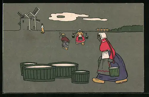 Künstler-AK Niederländische Bäuerinnen beim Wasserholen