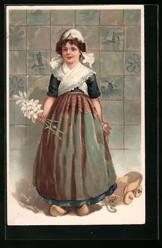 Präge-AK Kleines Mädel in niederländischer Trachr mit einem selbst gepflücktem Blumenstrauss
