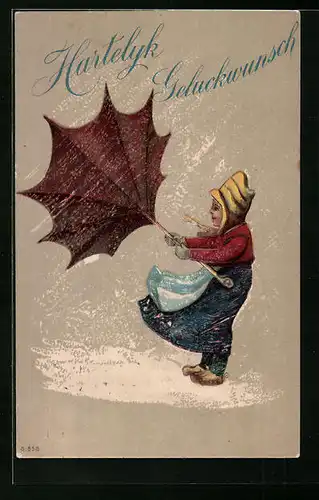 Präge-AK Kleines Mädchen in niederländischer Tracht in einem Schneesturm