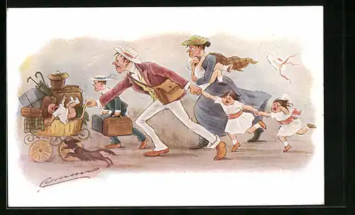 Künstler-AK Cynicus: Familie mit Gepäck in Eile
