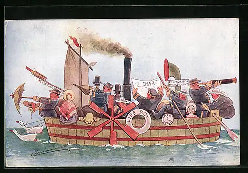 Künstler-AK Cynicus: Überfüllter Dampfer mit Passanten von Gänsen gezogen