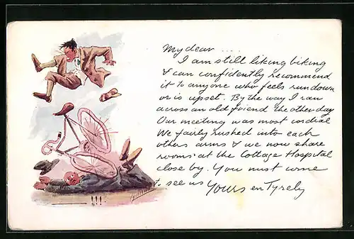 Künstler-AK Cynicus: Fahrradfahrer überfährt einen Passanten und verletzt sich beim Sturz