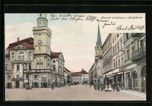AK Löbau, Altmarkt mit Rathaus und Nikolaikirche